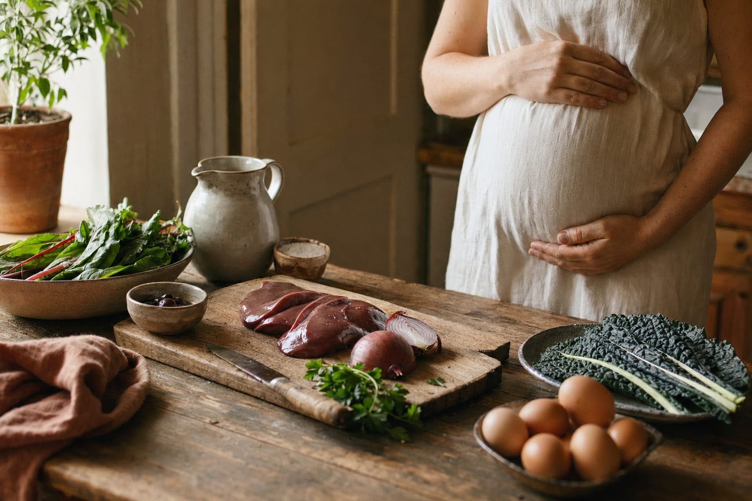 A pregnant woman beside a counter of fresh vegetables and liver in soft light