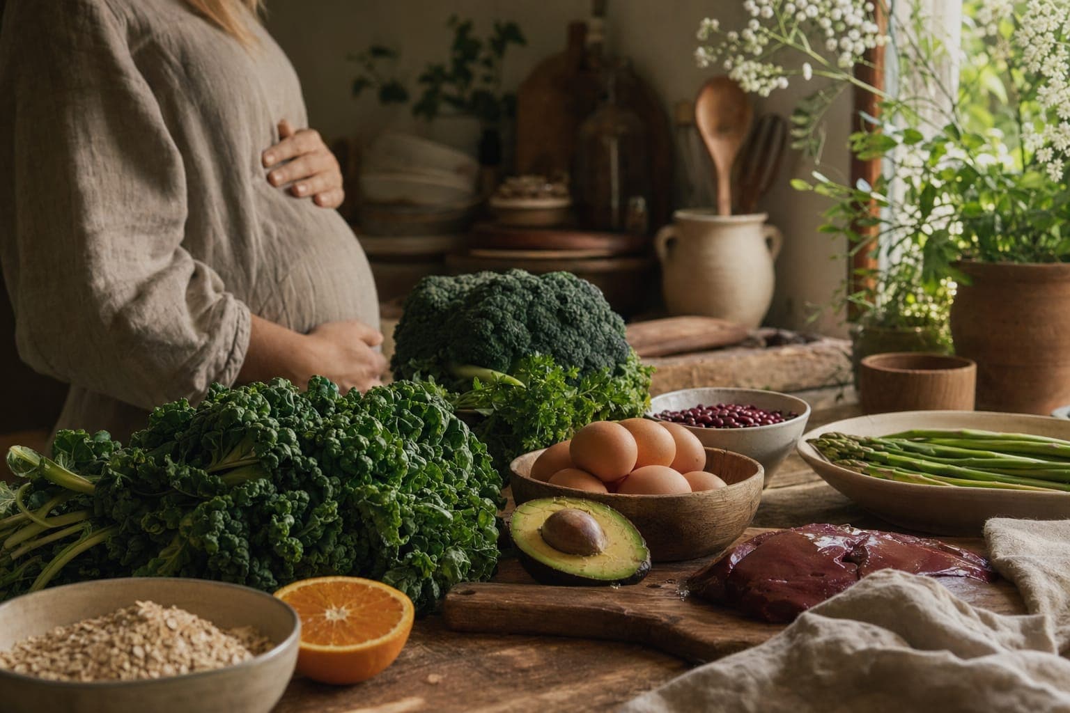 A pregnant woman with fresh greens and vegetables in a warm kitchen
