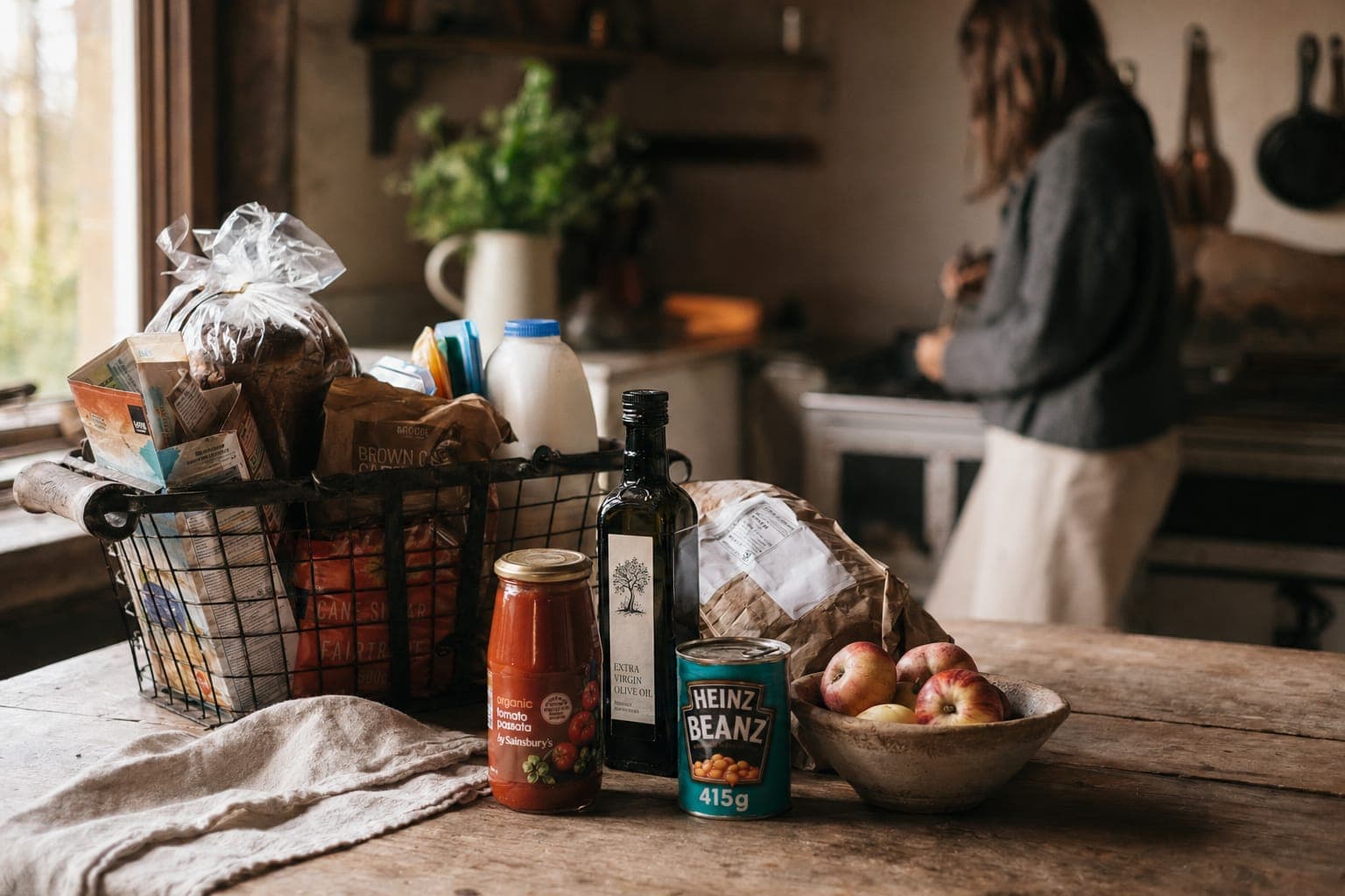 Bottles of oil and whole foods on a kitchen counter in warm light