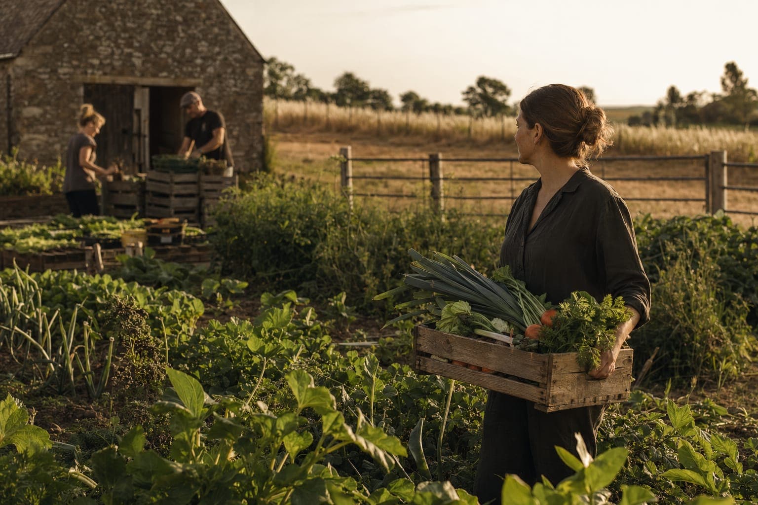 People tending crops in a green garden under soft daylight