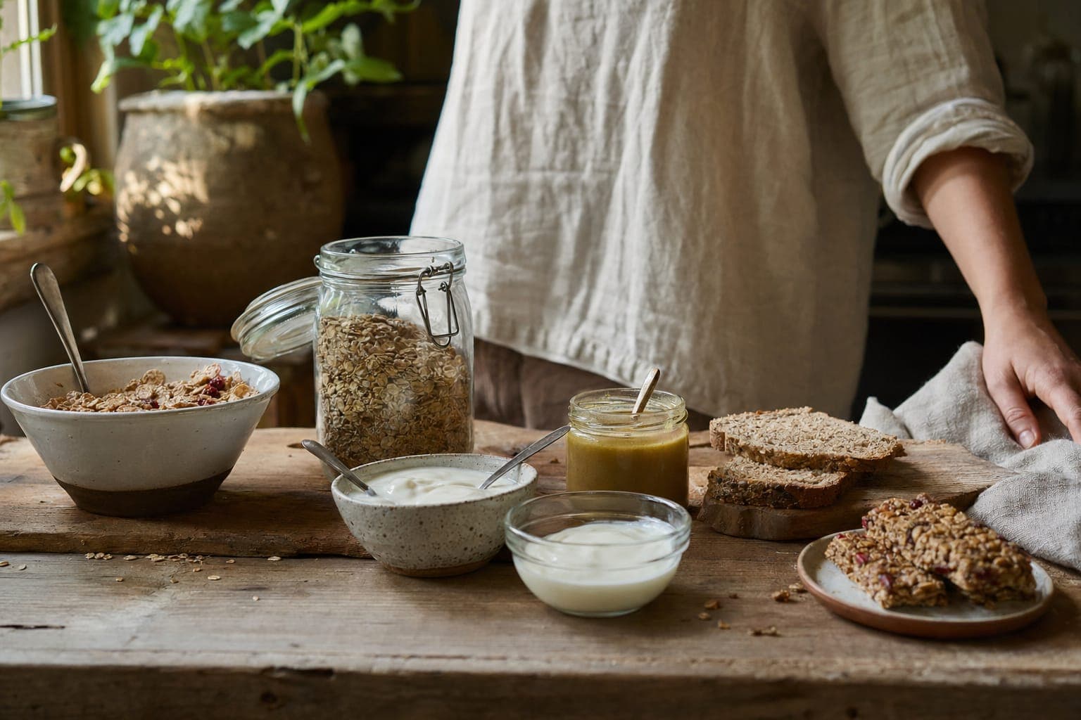 A woman in a kitchen with bottles of oil and food in warm light