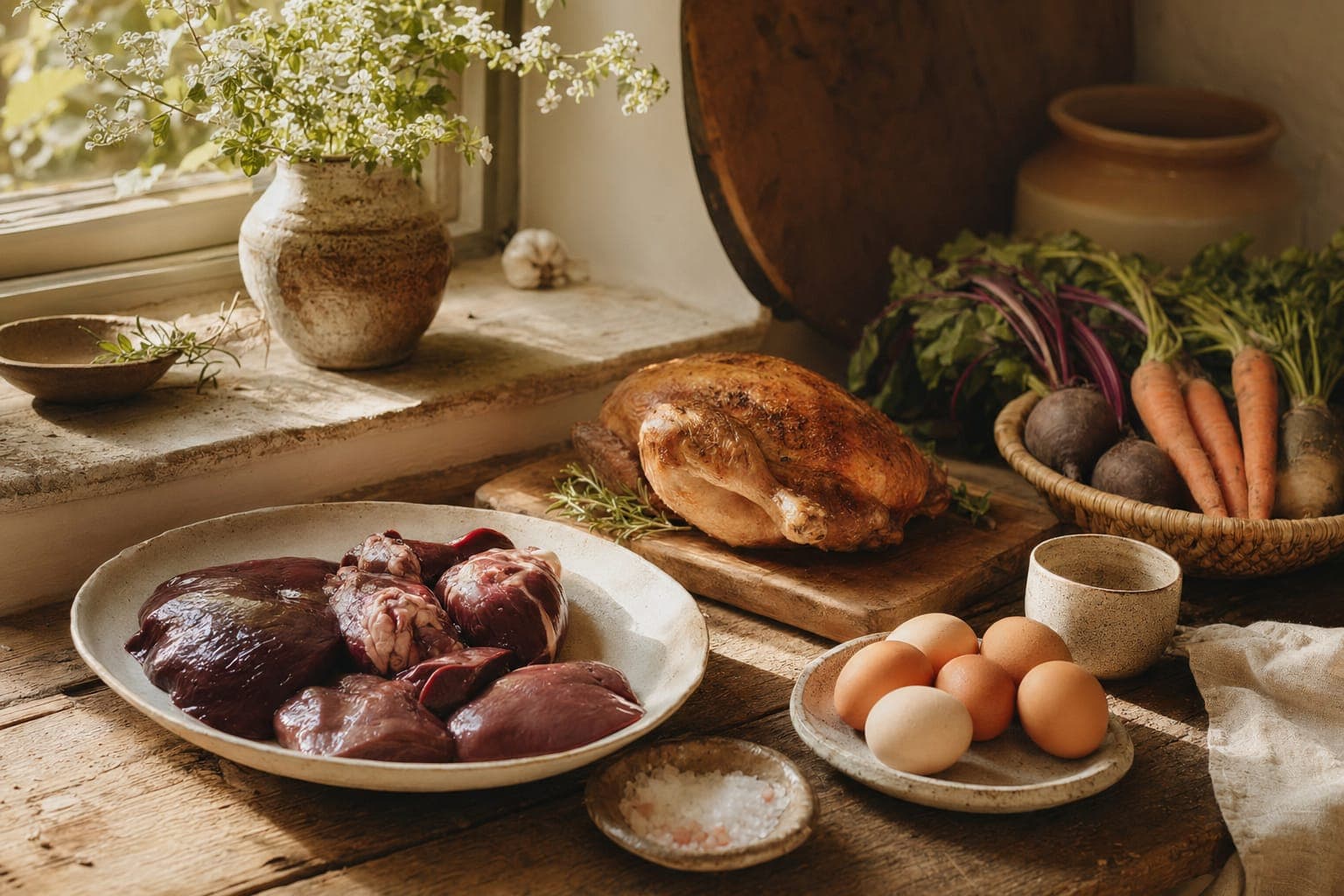Bread, sweet potatoes and eggs on a rustic table in warm light