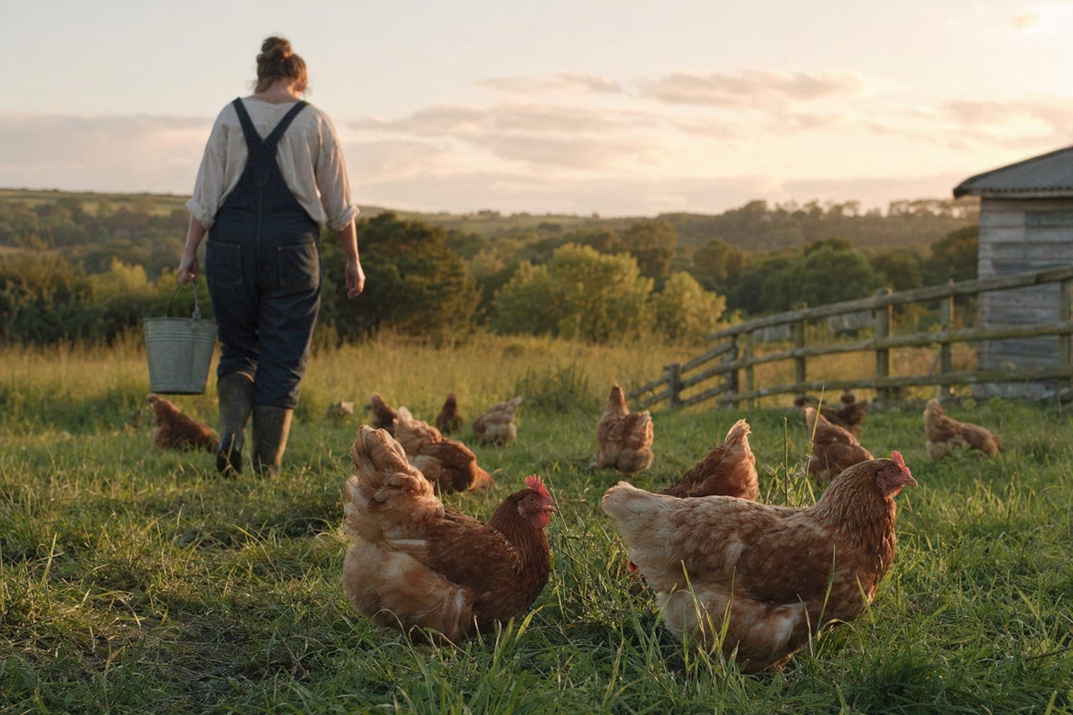 A farmer walking among free-range chickens in a green field