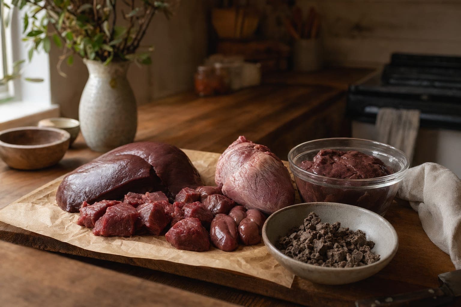 Sweet potatoes and raw meat on a wooden counter in warm light