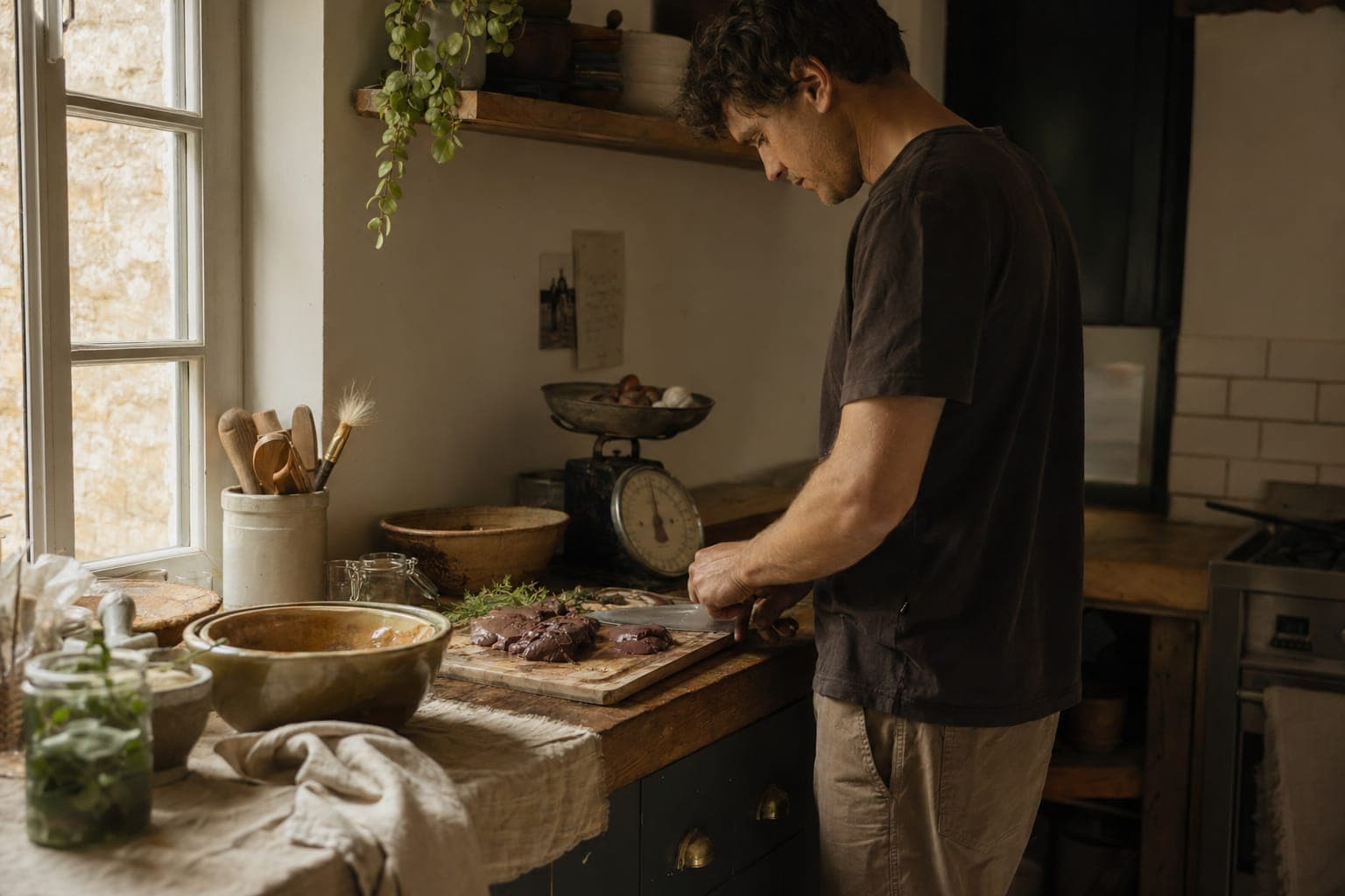 A person standing in a plant-filled kitchen in soft natural light