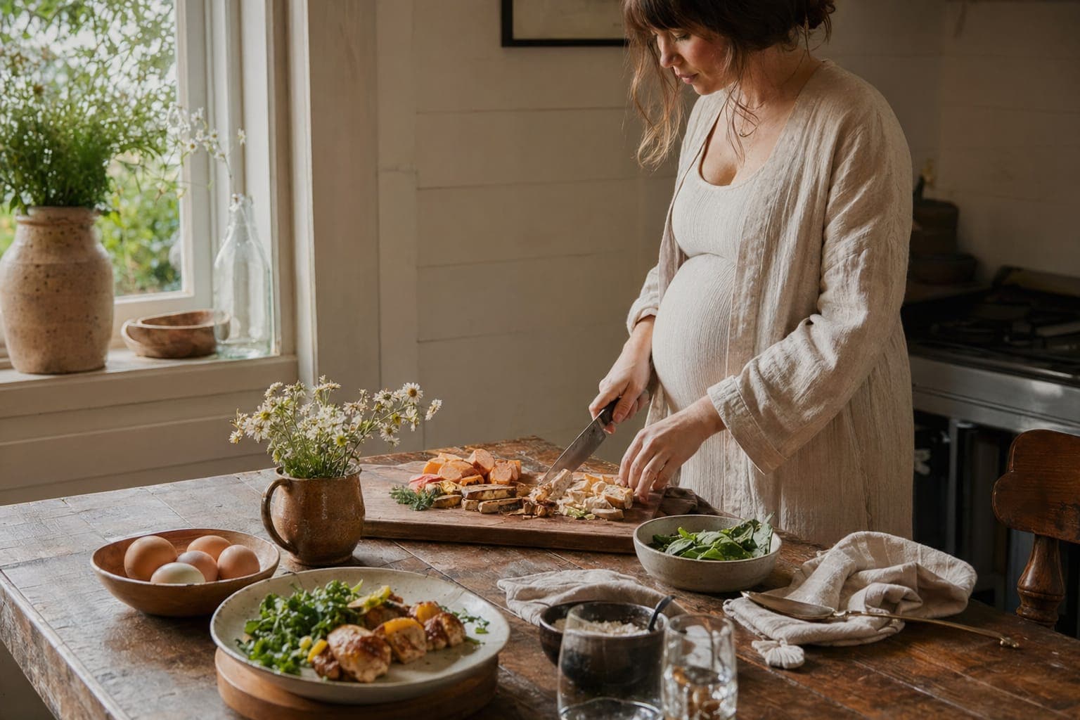 A woman preparing fresh food at a sunlit kitchen counter