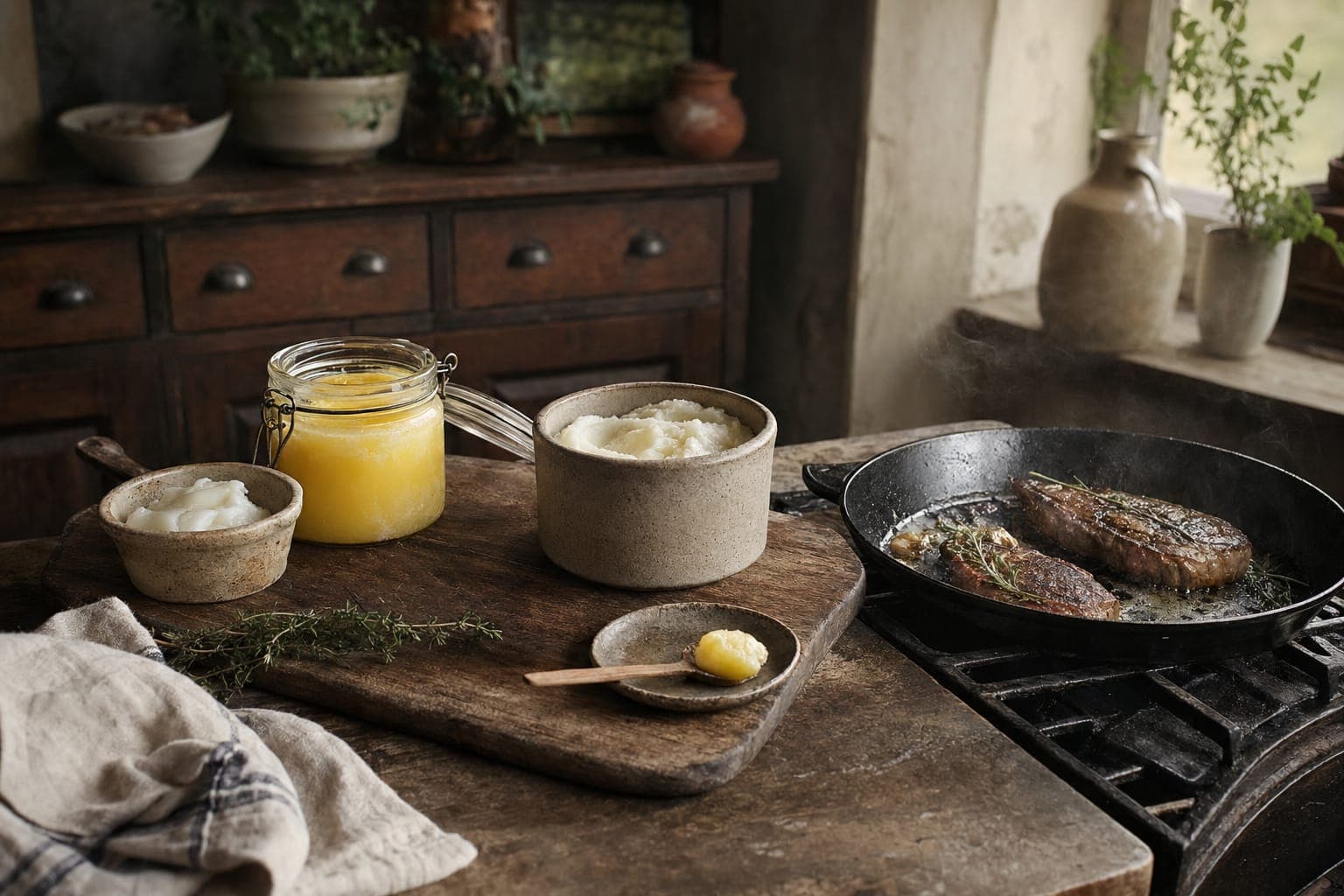 Jars of cooking fats and whole foods on a rustic kitchen counter