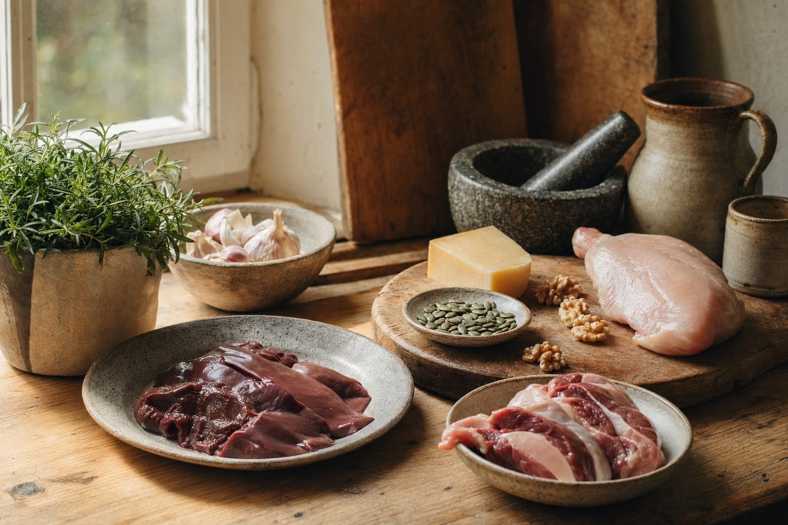 Organ meats and bowls of vegetables on a wooden board in warm light