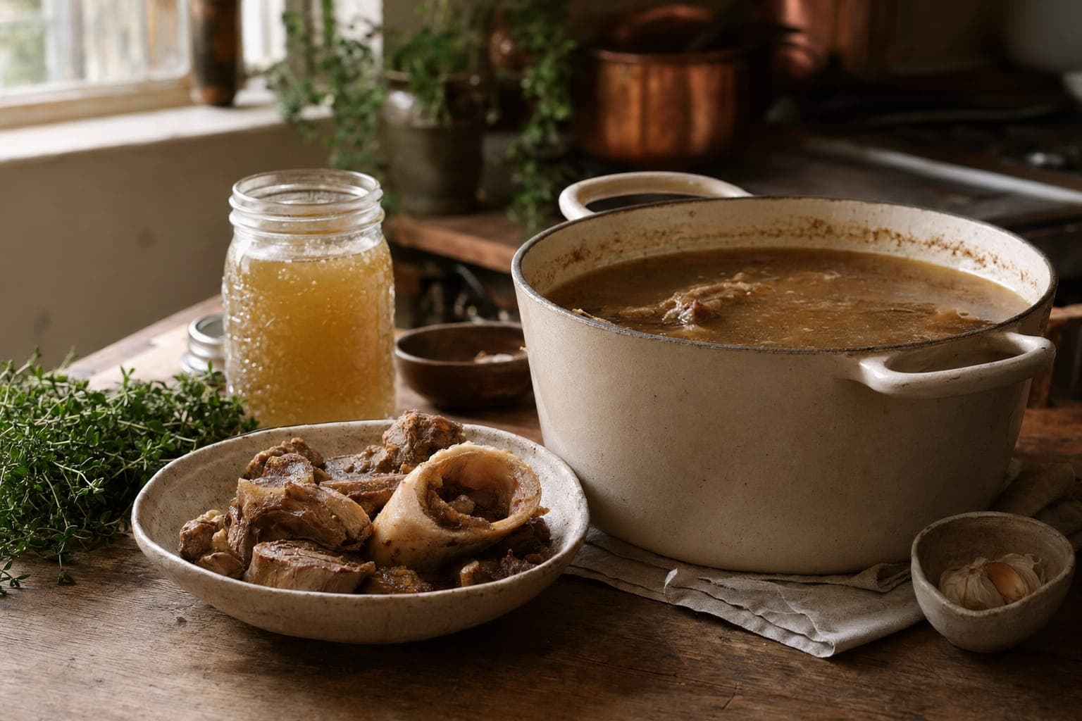 A pot of broth and a glass of juice on a rustic table in warm light