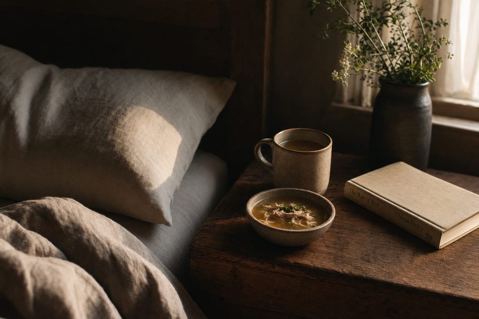 A linen bed with a warm mug on the nightstand in soft morning light