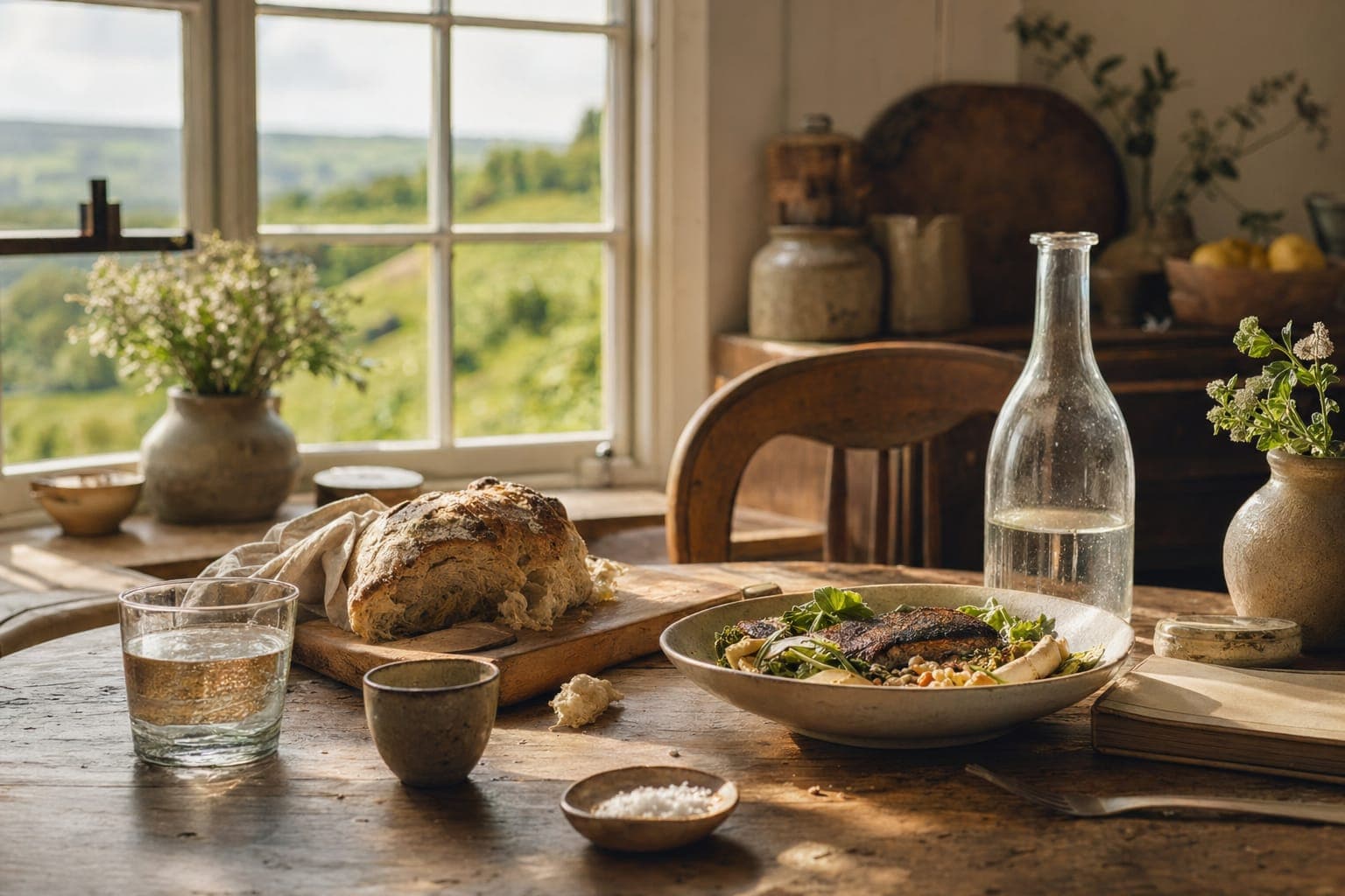 A table of whole foods set outdoors overlooking green countryside