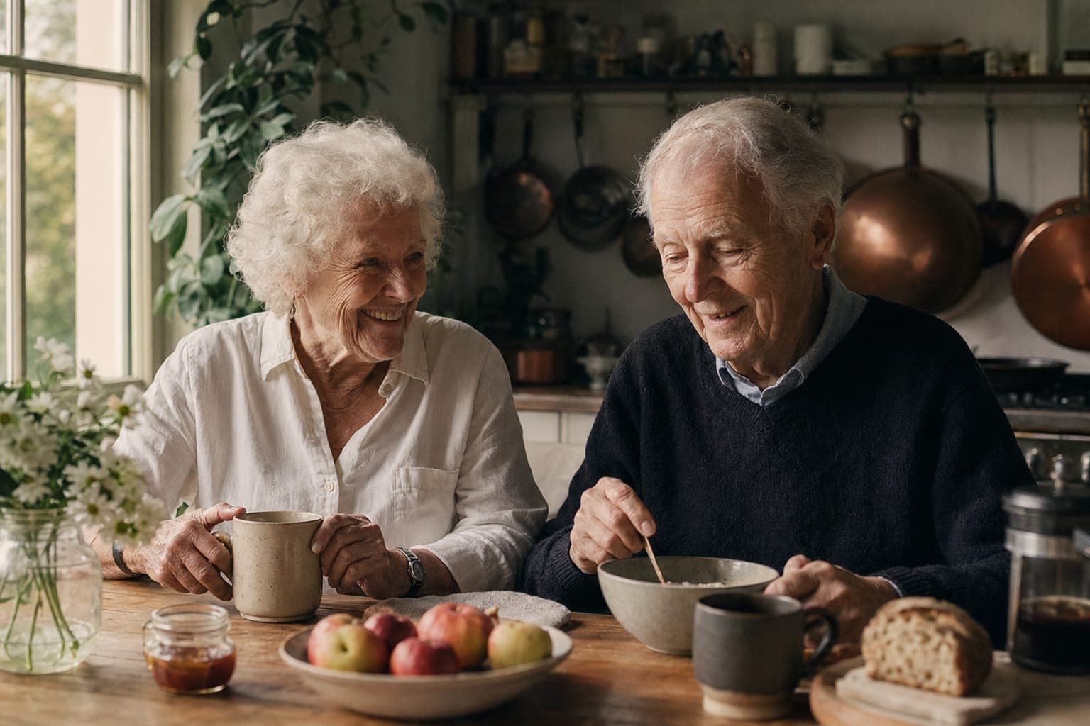 An older couple sharing a meal at a table in warm light