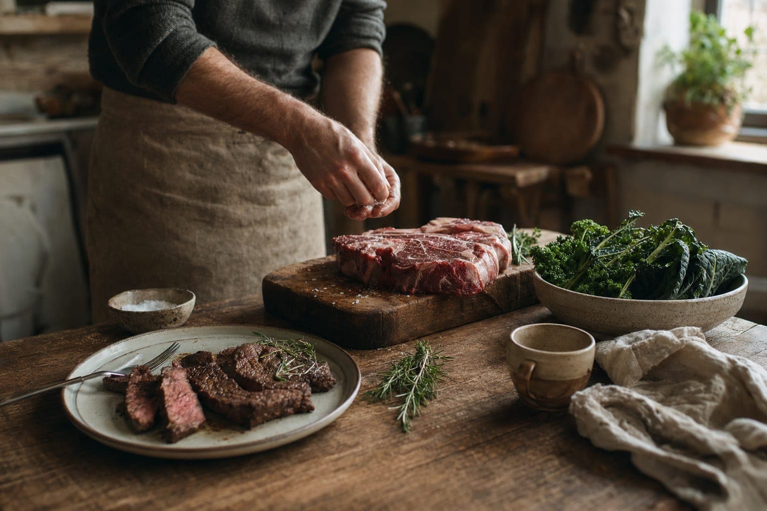 Hands preparing raw beef on a wooden board in warm light