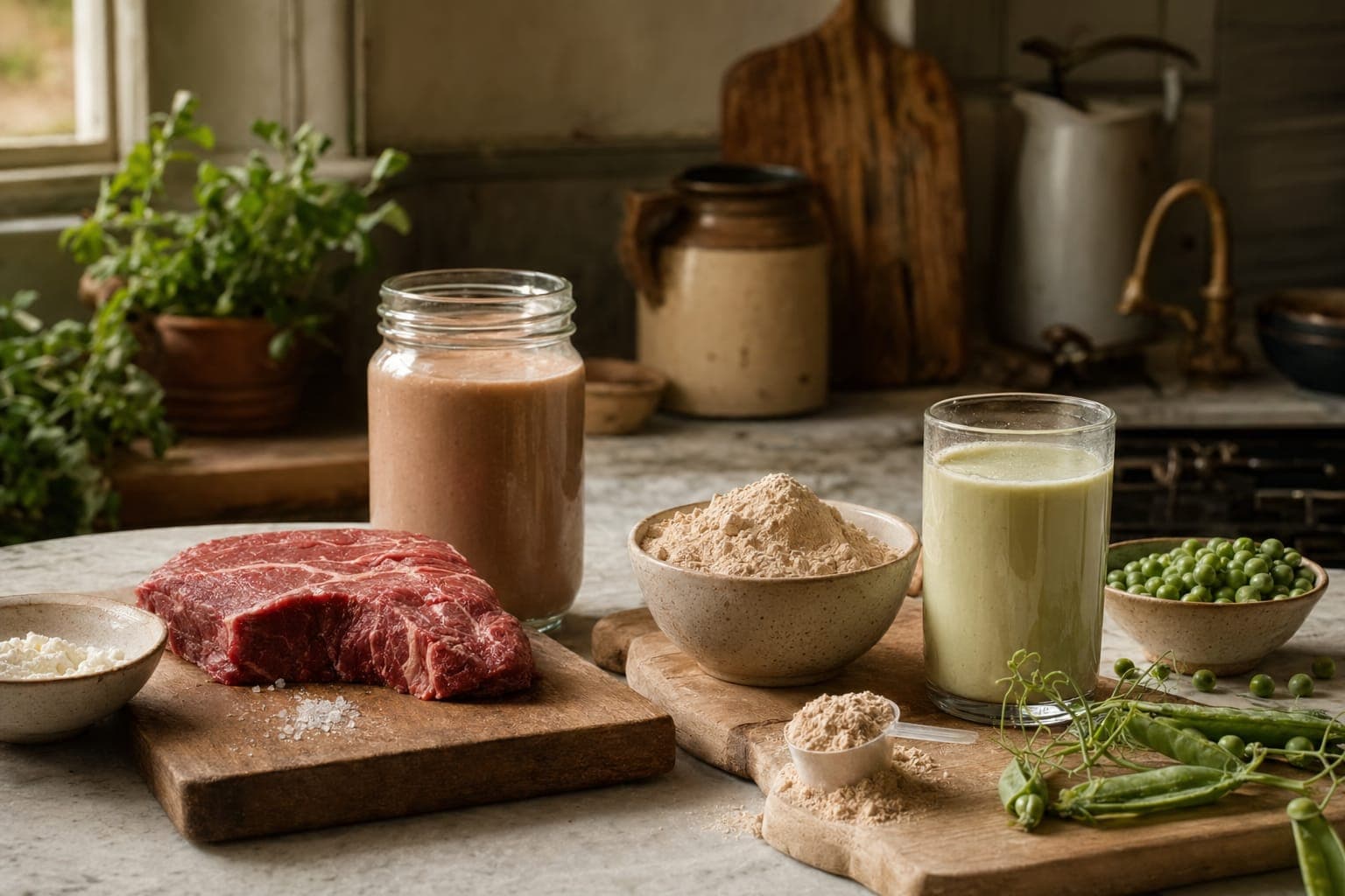 Jars of milk and raw meat on a kitchen counter in soft light