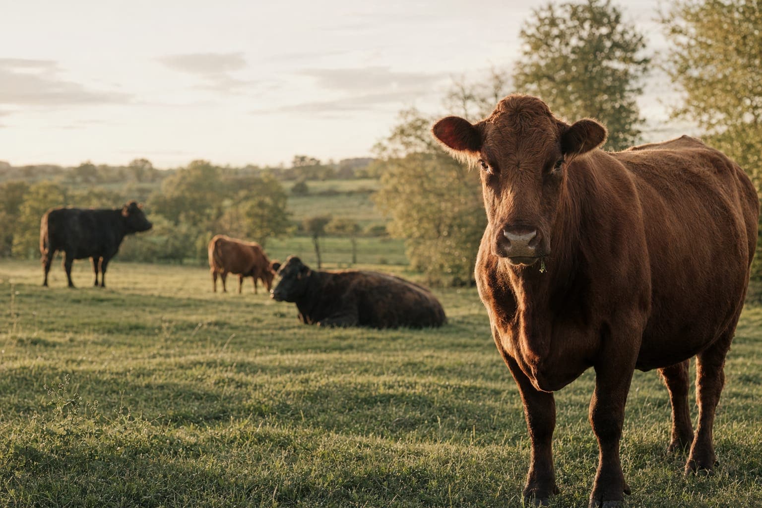 Beef cattle standing in a green pasture in soft natural light
