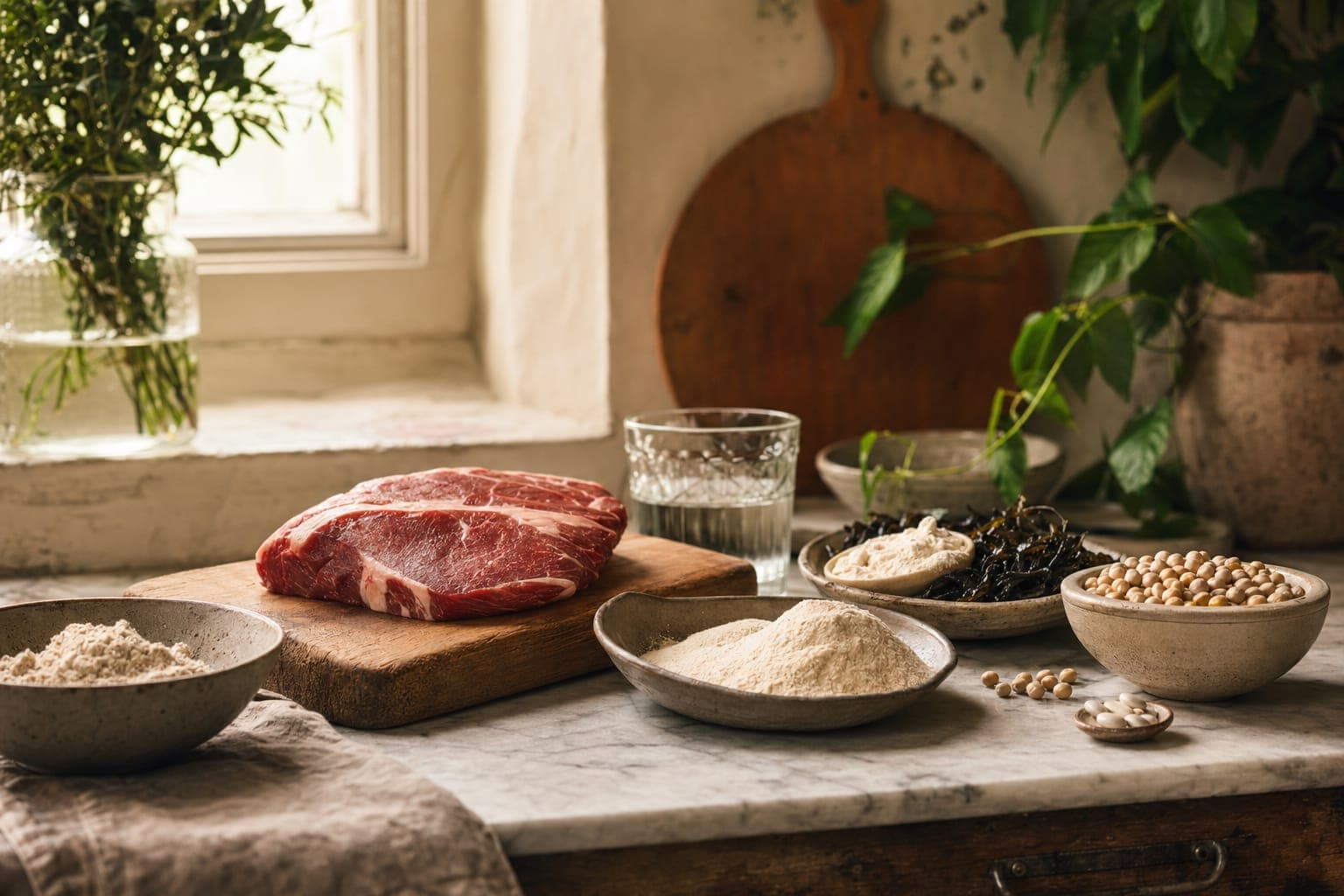 Fish and meat on a board with bowls on a rustic table in warm light