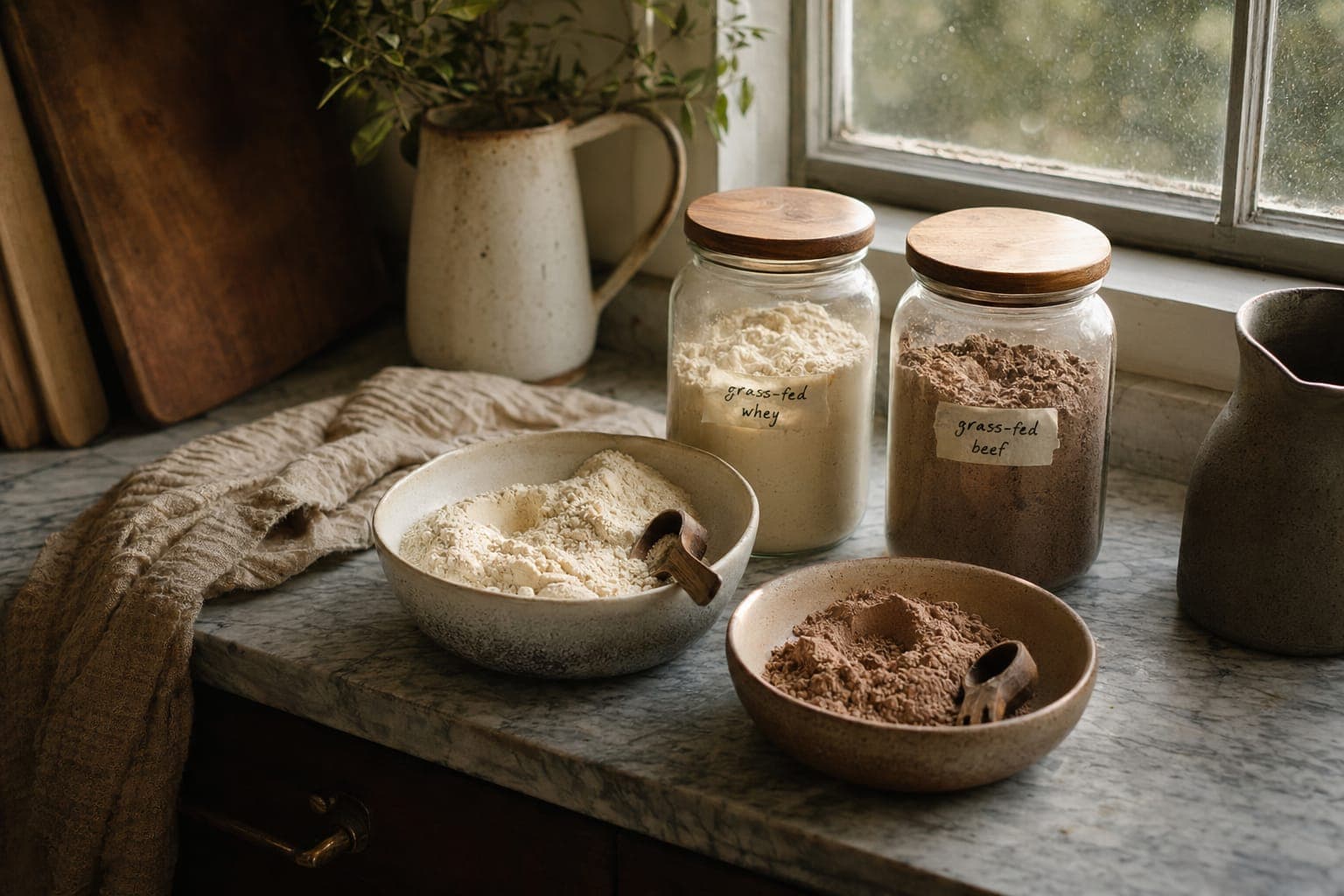 Jars of milk and bowls on a sunlit kitchen counter