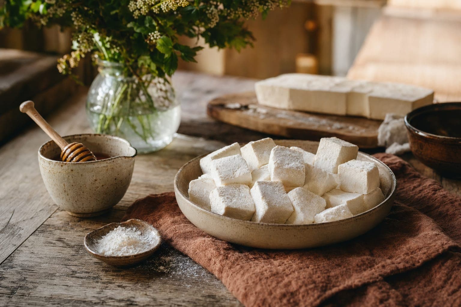 A bowl of homemade collagen marshmallows on a rustic table in warm light