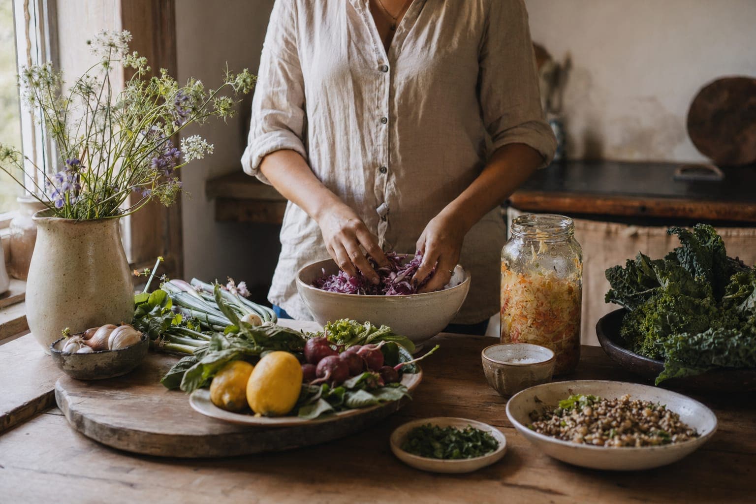 A person preparing vegetables and citrus at a kitchen counter