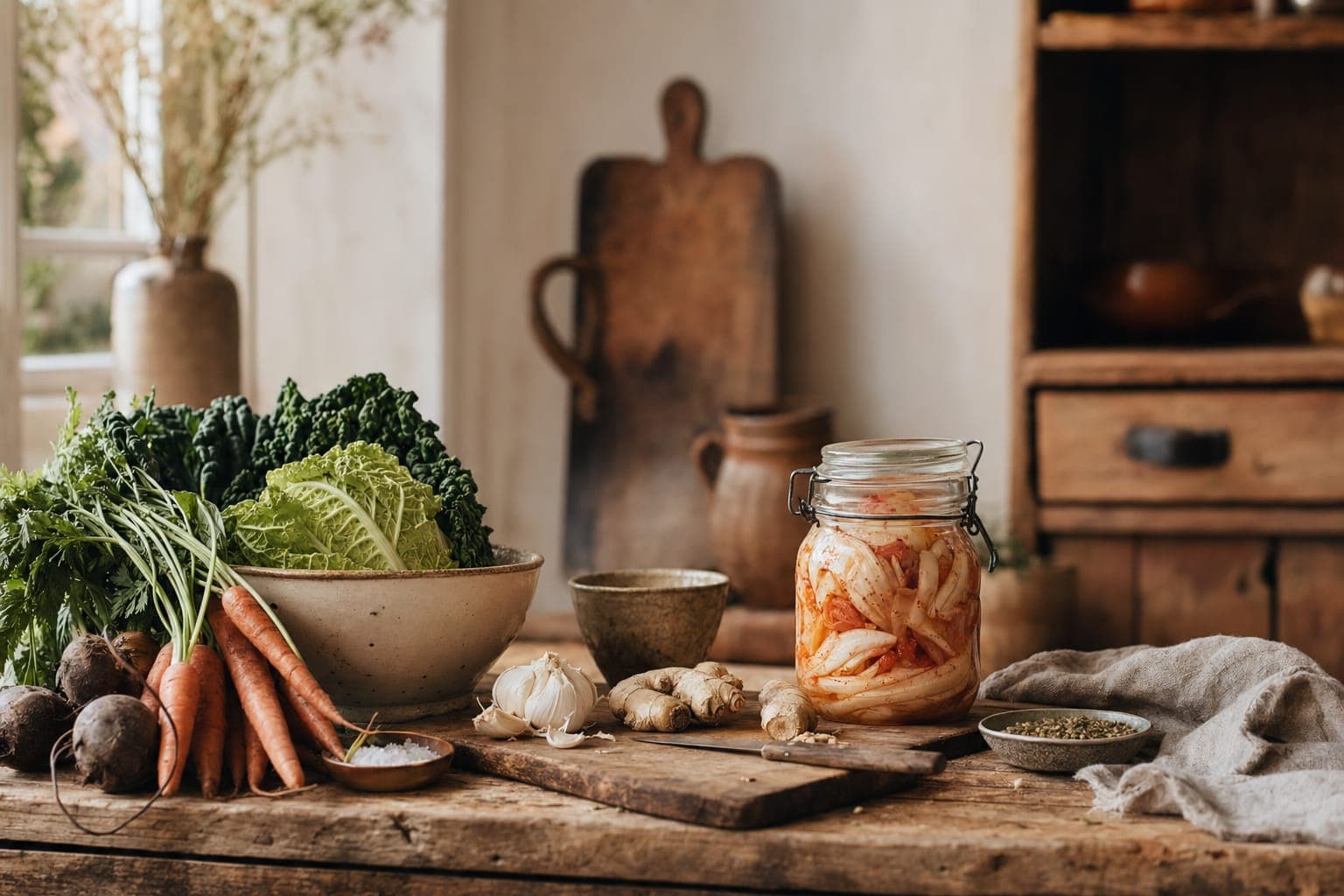 Fresh vegetables and herbs on a wooden kitchen counter in warm light