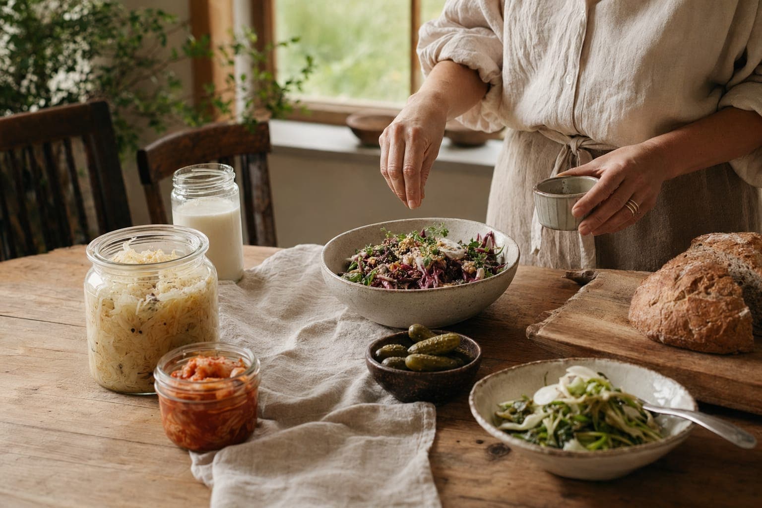 A person preparing fresh vegetables at a kitchen counter in warm light