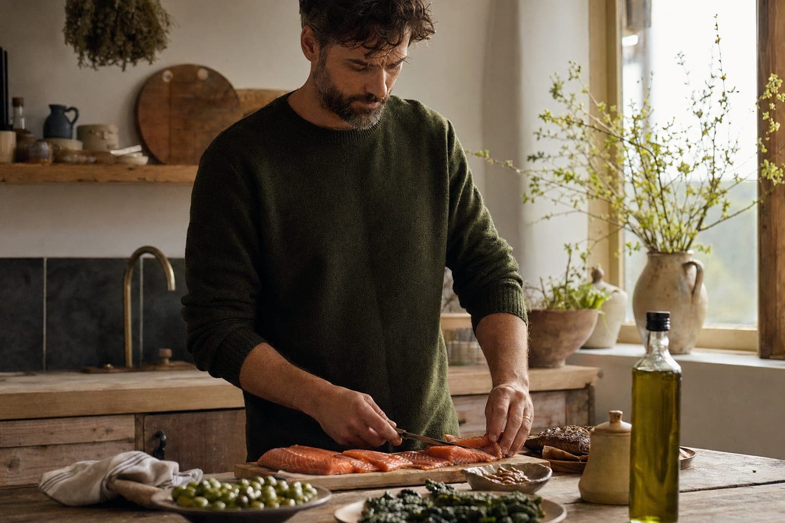A man preparing food at a kitchen counter with herbs and oil