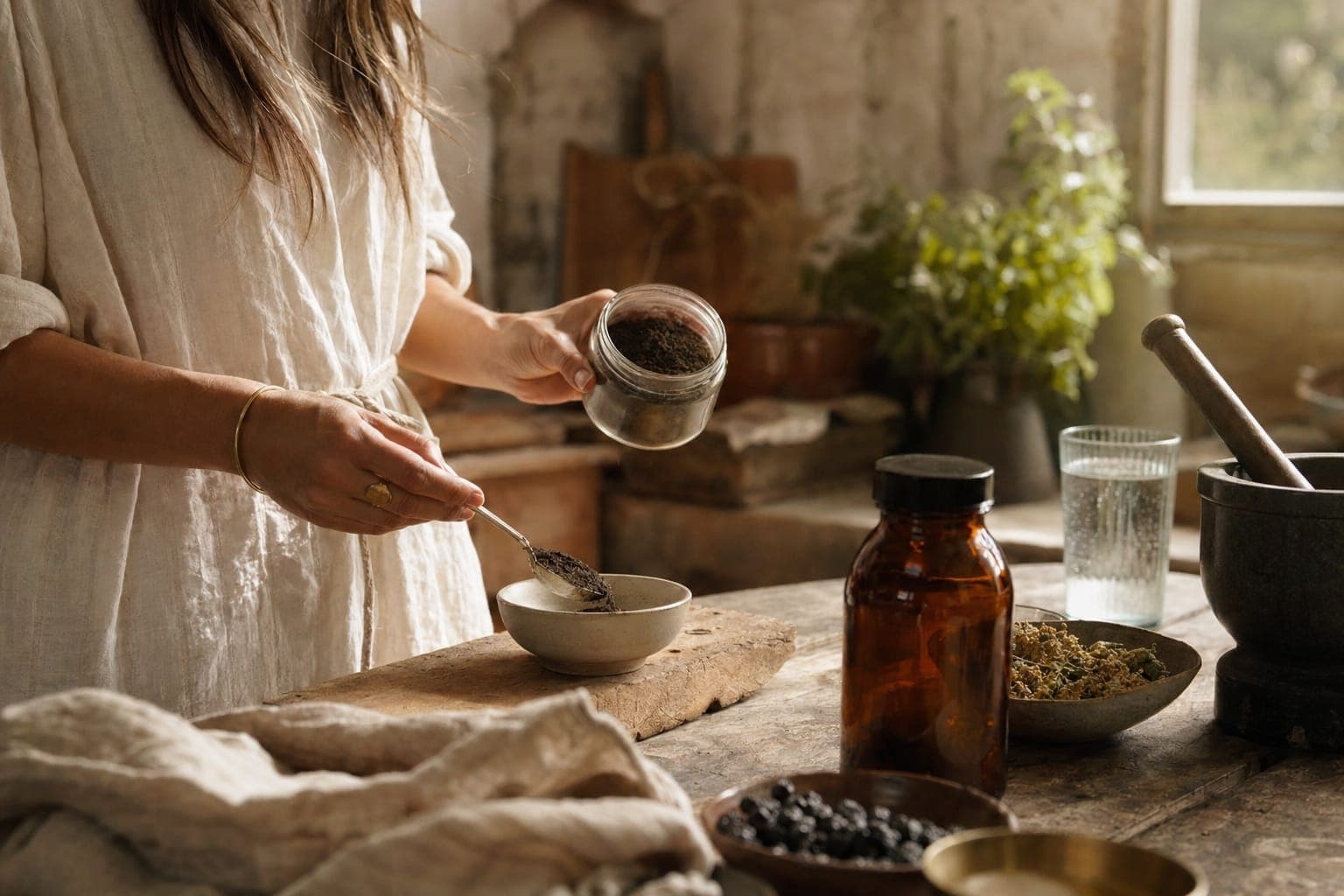 Hands with a cup and herbs on a rustic counter in soft light