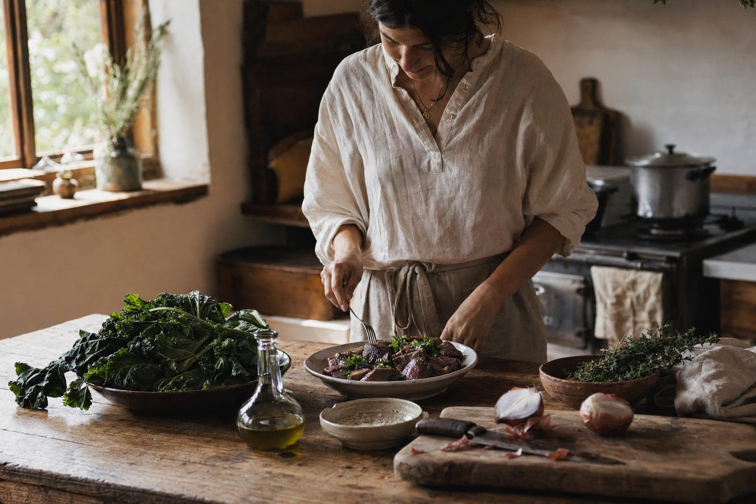 A man at a table with leafy greens and raw meat in warm light