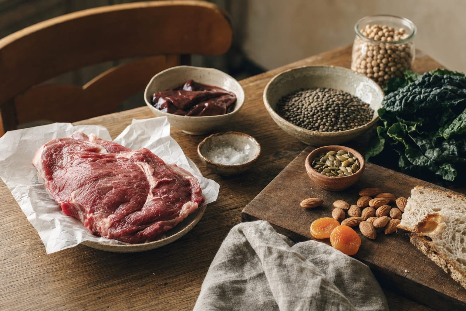 Raw meat with bowls of vegetables and nuts on a dark table