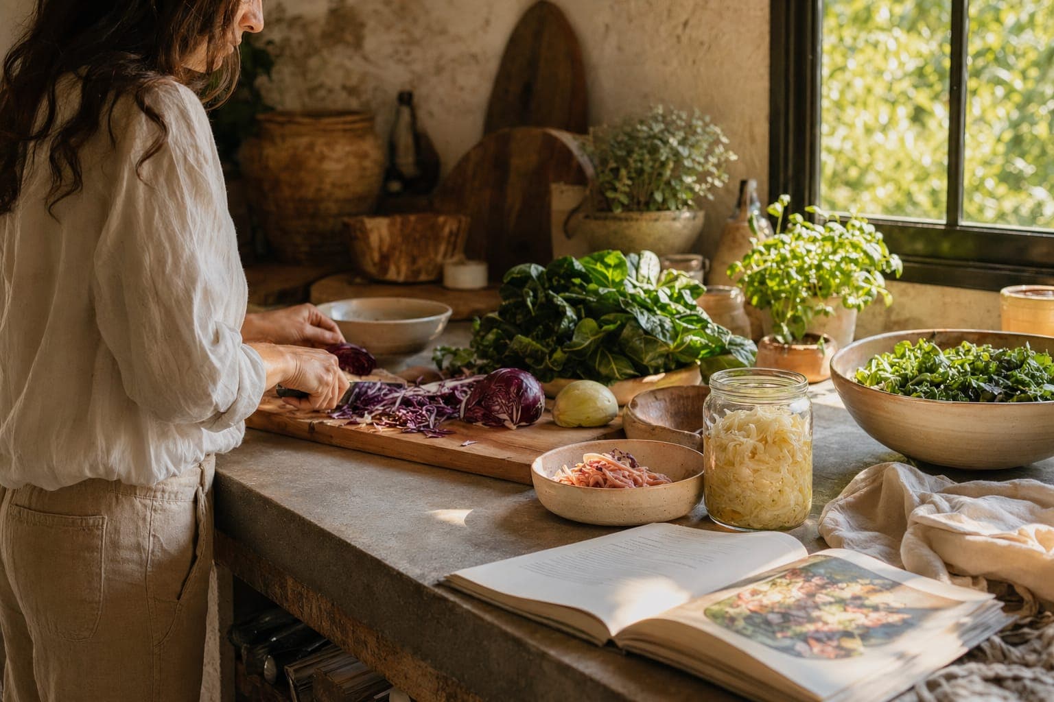 Raw meat and fresh vegetables on a kitchen counter in warm light
