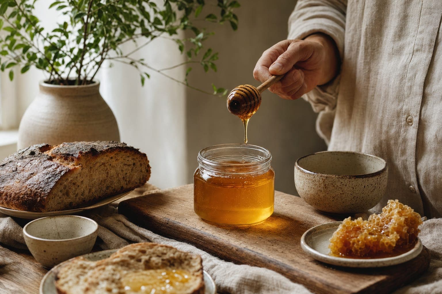 Hands drizzling honey over bread on a rustic table in warm light