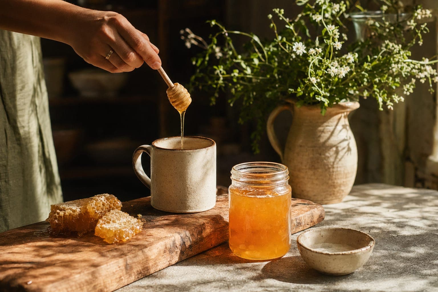 Hands holding a cup with honey and herbs in soft light