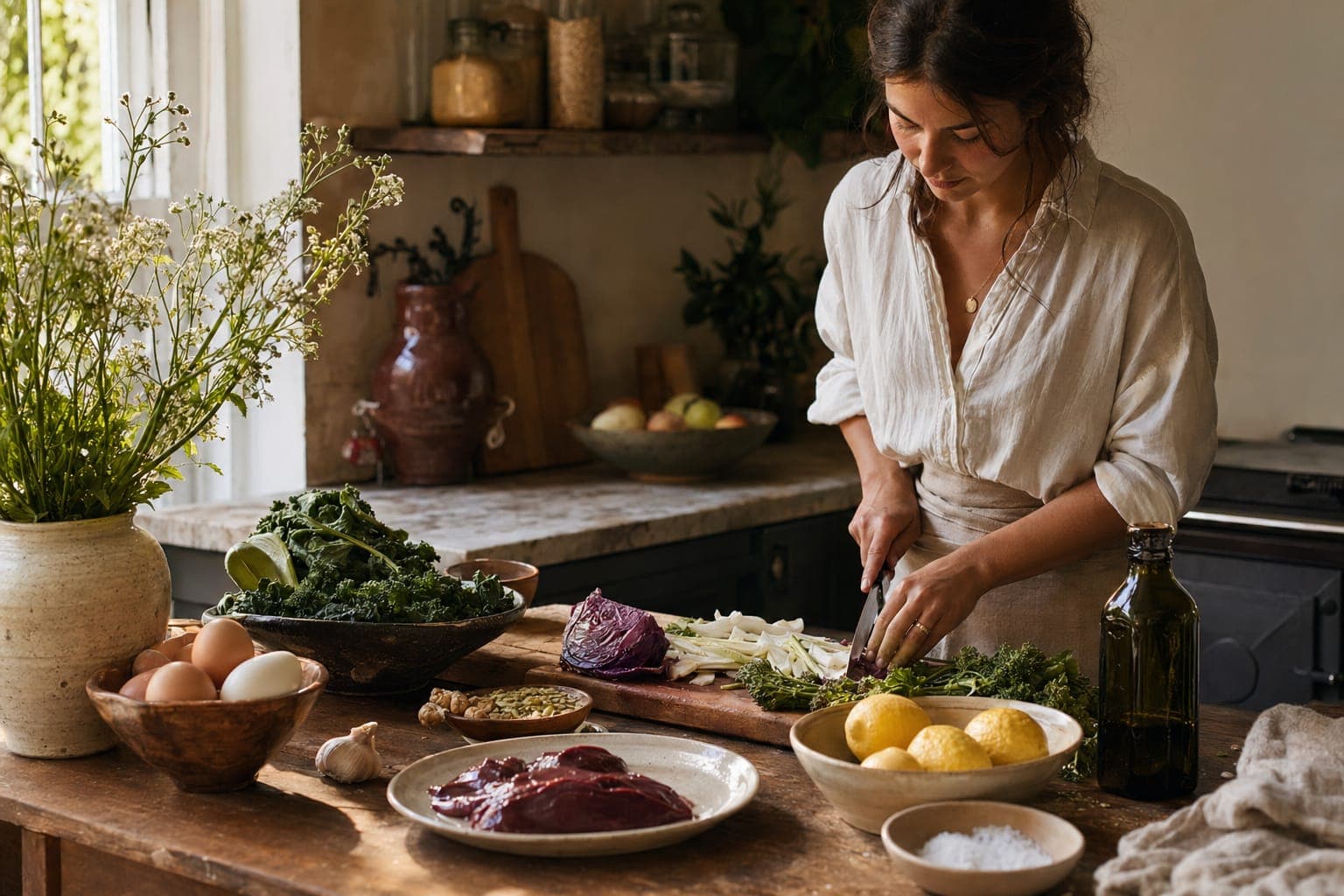 A man preparing fresh food at a sunlit kitchen counter