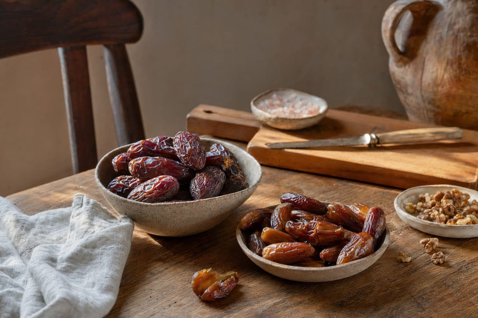 A bowl of dates and dried fruit on a rustic table in warm light