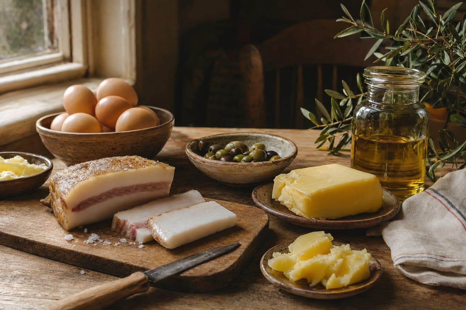 Eggs, bread and whole foods on a wooden table in soft light