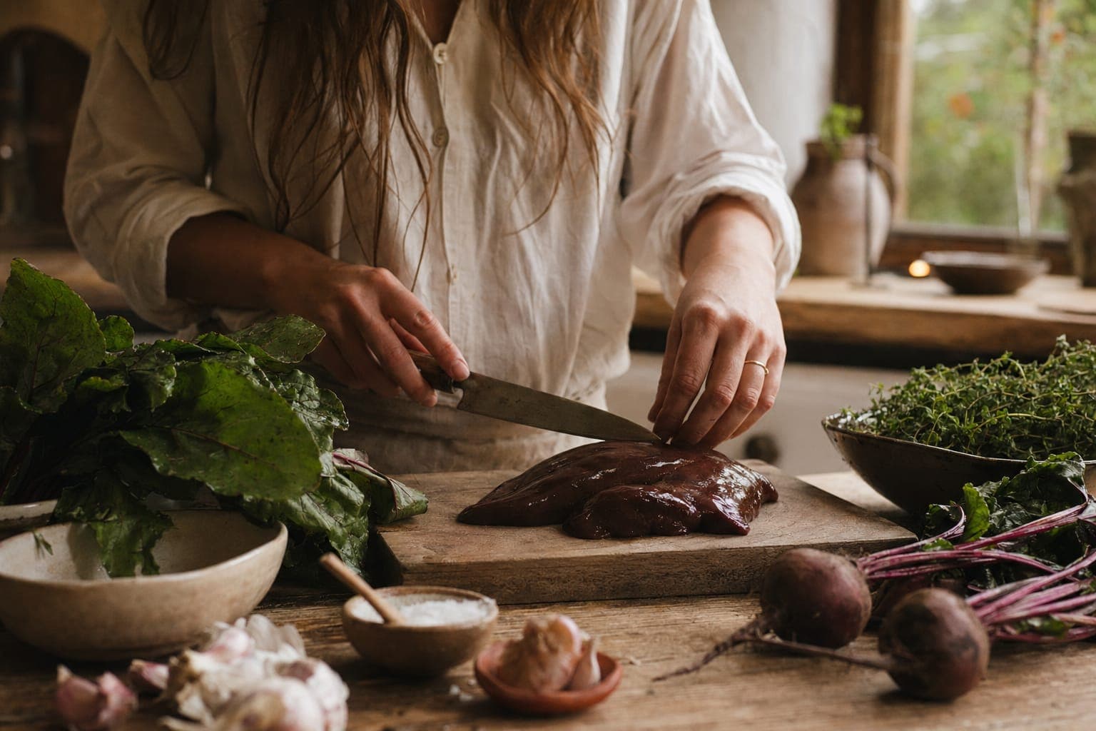 Hands preparing food on a cutting board in warm natural light