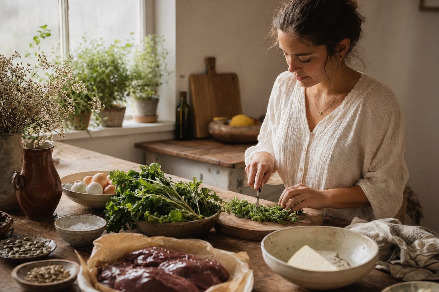 A woman preparing vegetables and meat at a kitchen counter in warm light