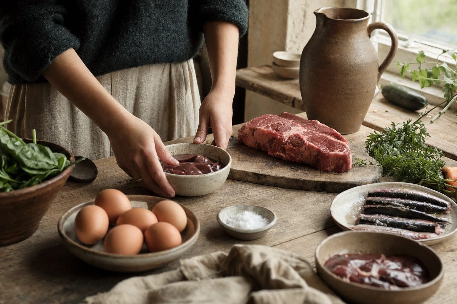 Eggs, raw meat and a jug on a kitchen counter in warm light