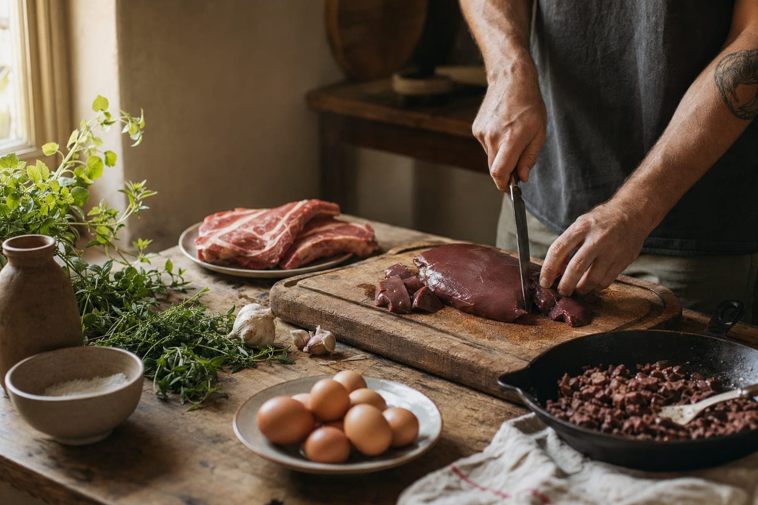 Hands preparing raw liver with herbs on a wooden board