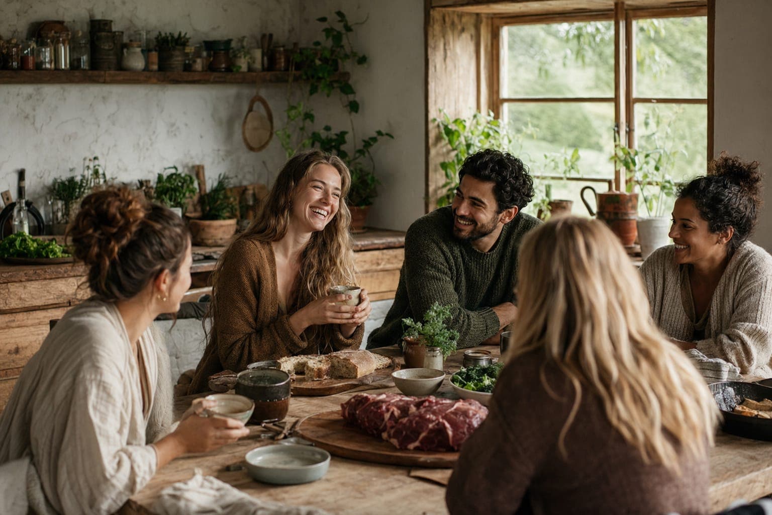 A group sharing whole foods at a table in warm light