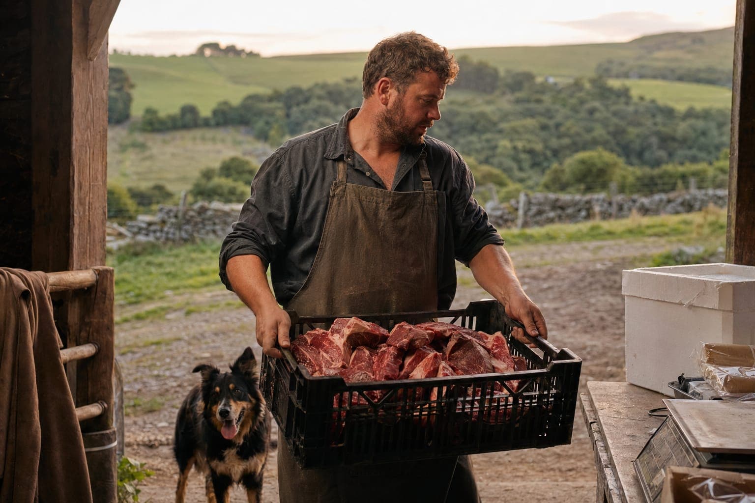 A farmer with crates of fresh produce at a farm in golden light