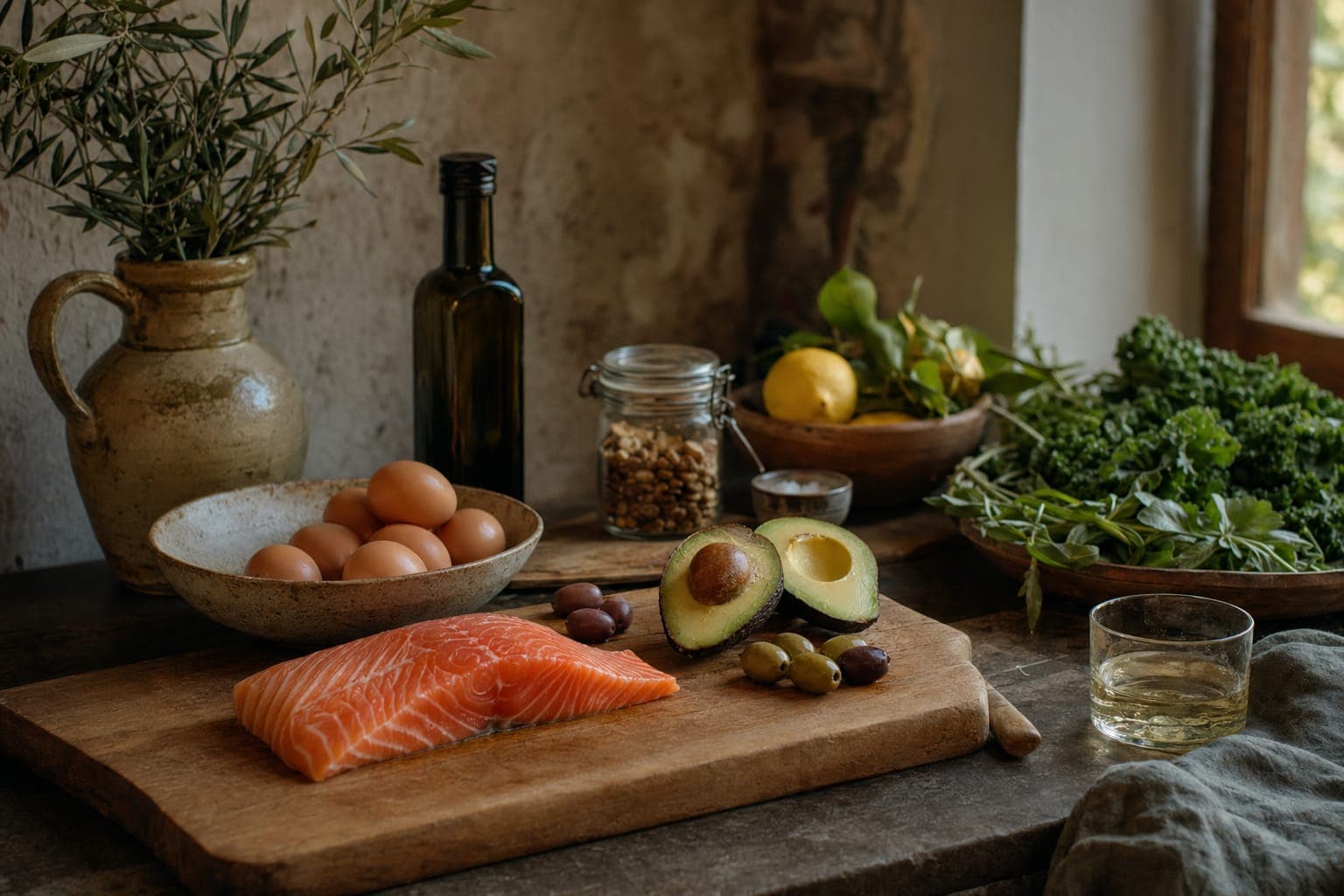 Fresh vegetables, fish and avocado on a kitchen counter in warm light