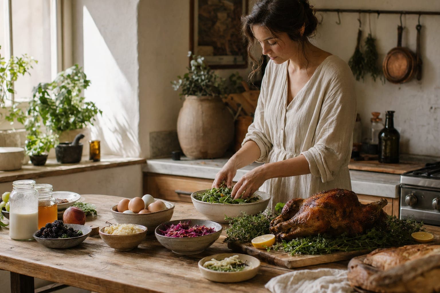 A woman in a herb-filled kitchen preparing food in warm light