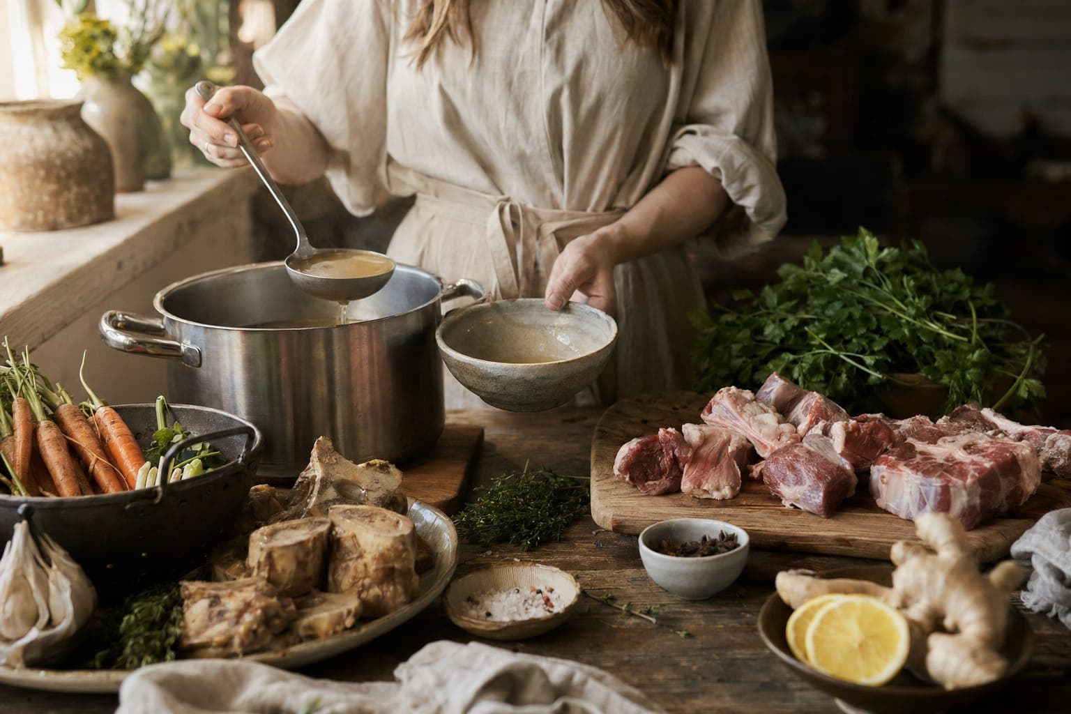 A pot of stew with bowls of ingredients on a rustic table