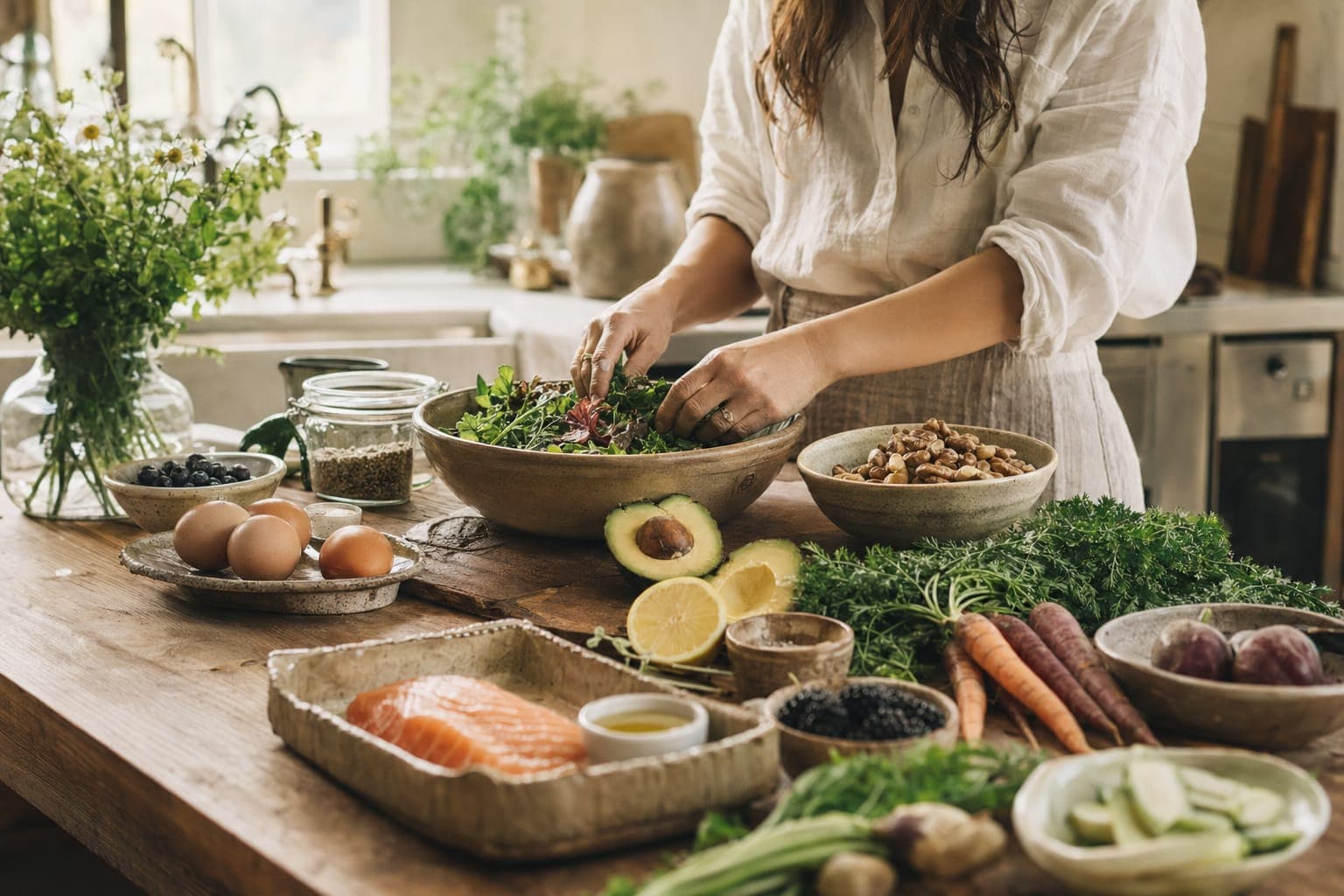 Fresh vegetables, avocado and fish on a kitchen counter for glowing skin