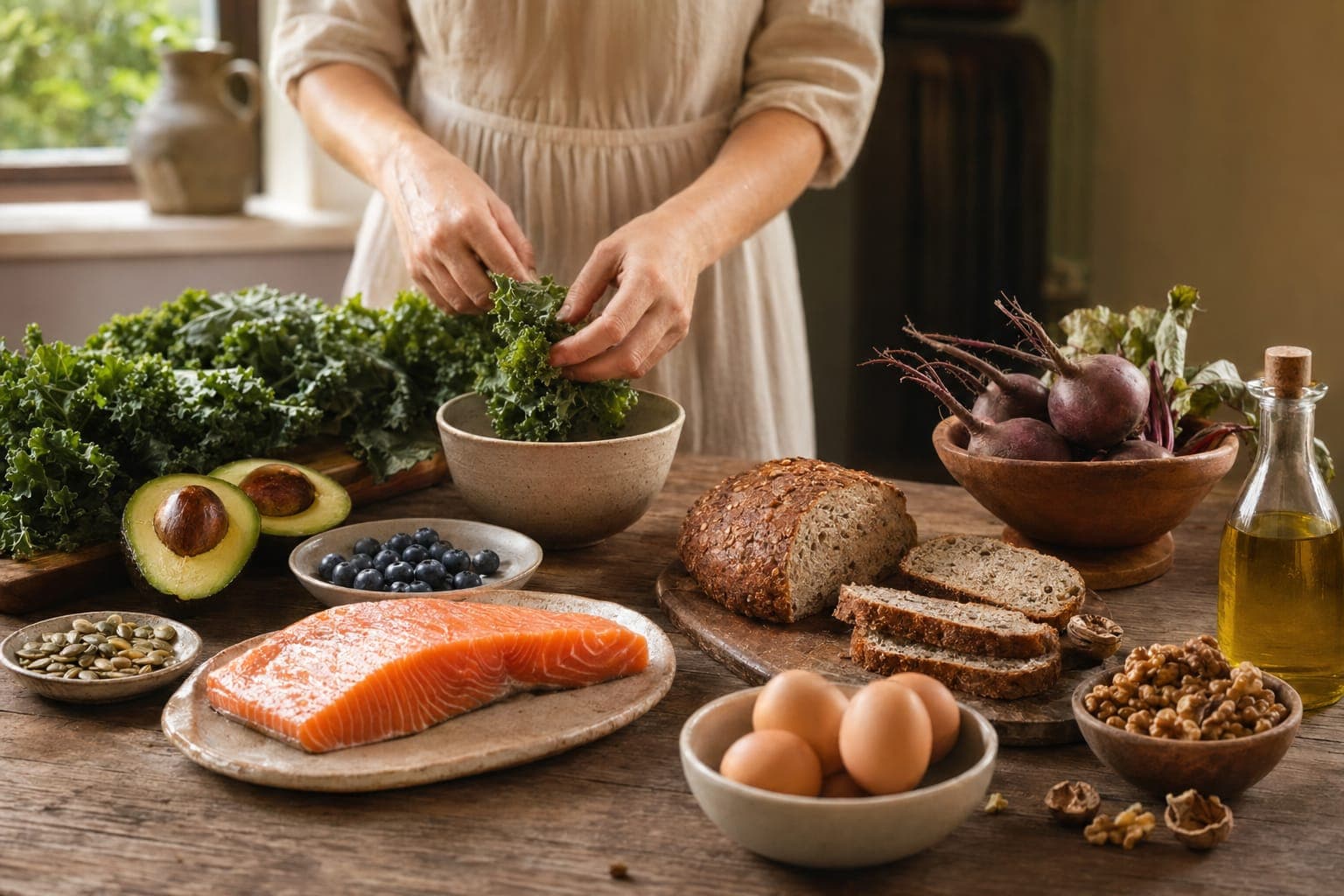 A woman preparing salmon and greens at a kitchen counter in soft light
