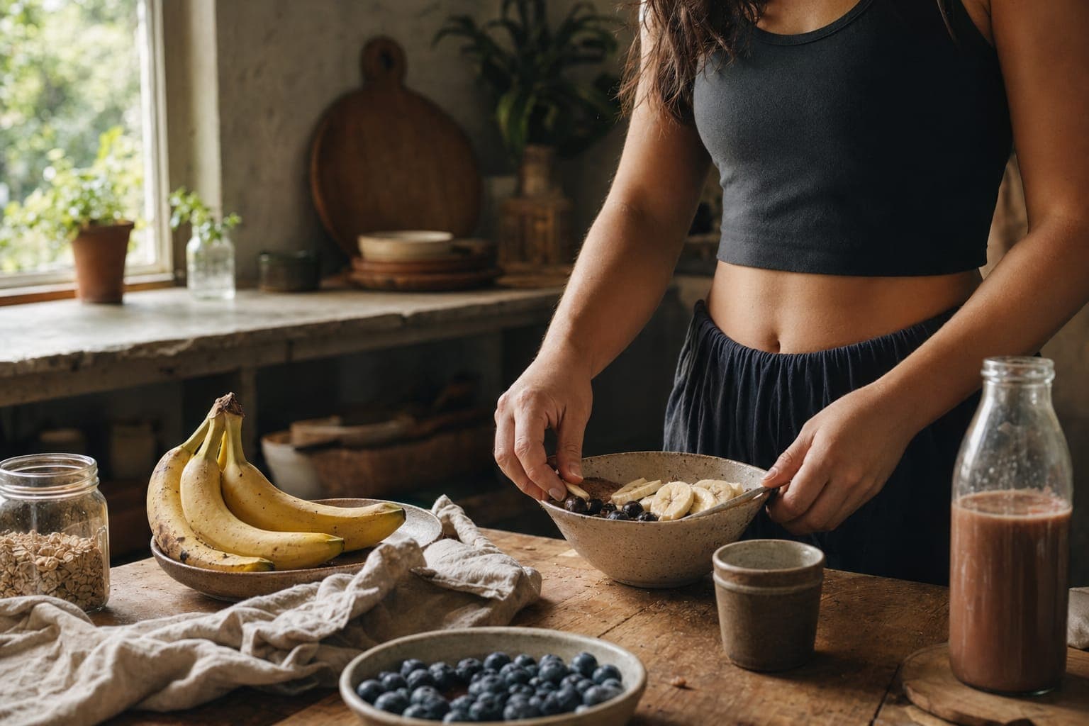 A woman in athletic wear preparing food in a bright kitchen