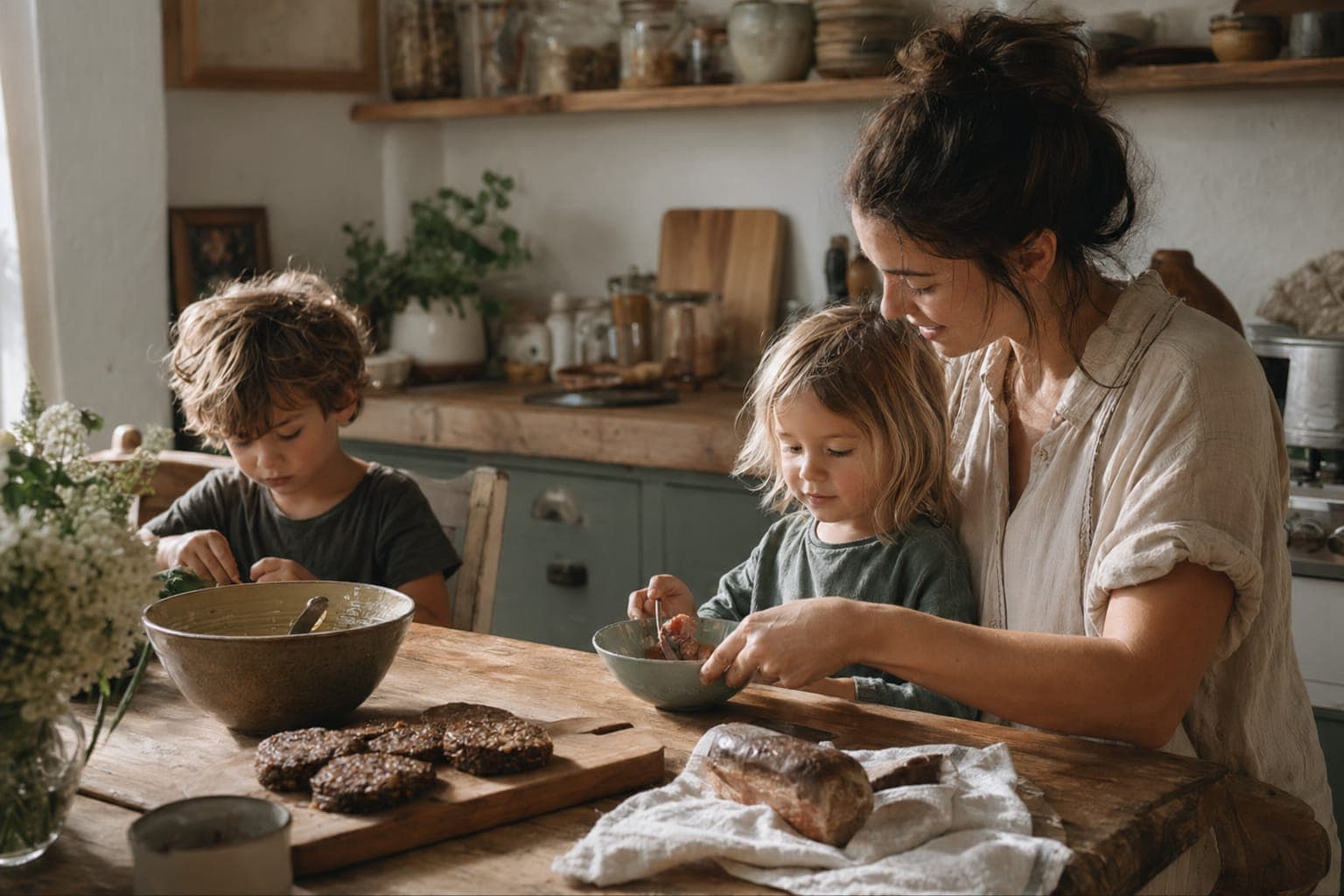 A parent and children at a table with wholesome food in warm light