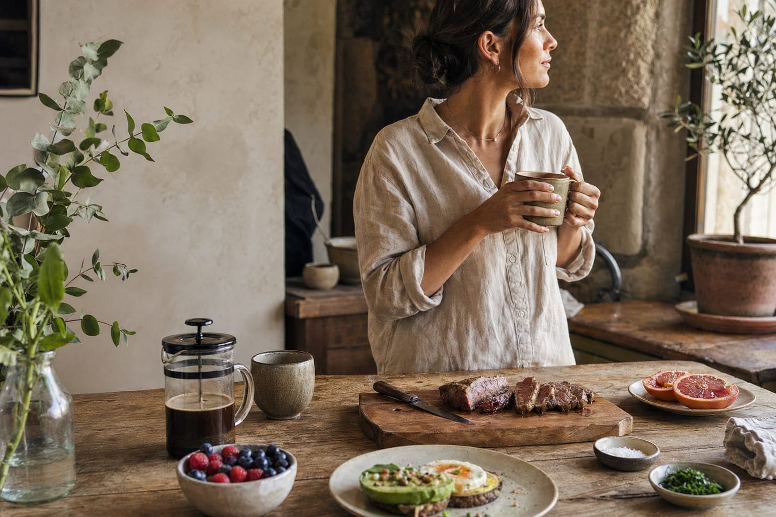 A woman in a robe holding a mug at a table in soft morning light