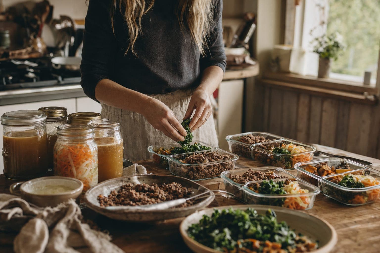 Fresh vegetables and fish on a kitchen counter for meal prep in warm light